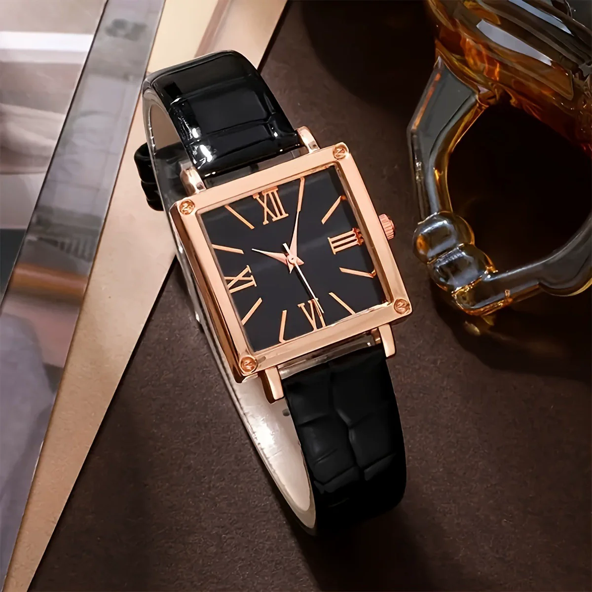 Watch Square Slub Pattern Women's Plastic Case Imitation Leather Strap Stainless Steel Buckle Quartz Watch - Image 9