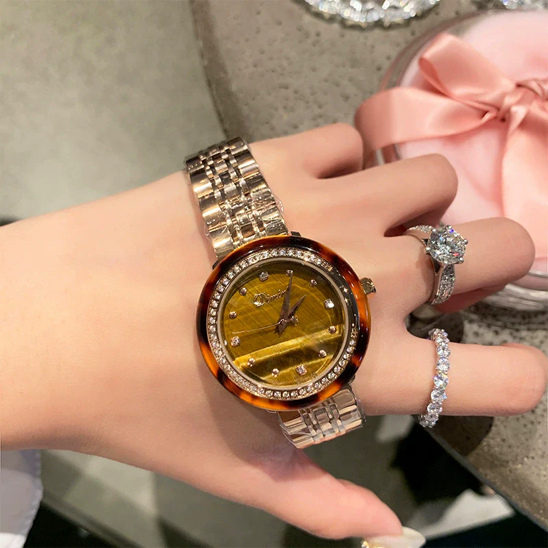 Watch Tiger Eye Stone Gem Fashion Glasses Rubber Ring Hawksbill Pattern Alloy Rose Gold Round - Image 3