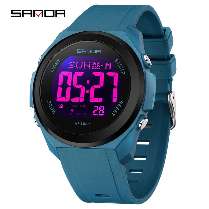 Watches Multifunction Alarm Clock Colorful Lights Optoelectronic Waterproof Sports Student Tpu Strap Acrylic Mirror Steel Ringabs Case