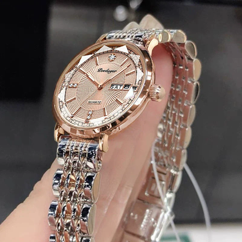 Waterproof Luminous Women's Alloy And Stainless Steel Casual Quartz Watch With Dual Calendar And Round Dial