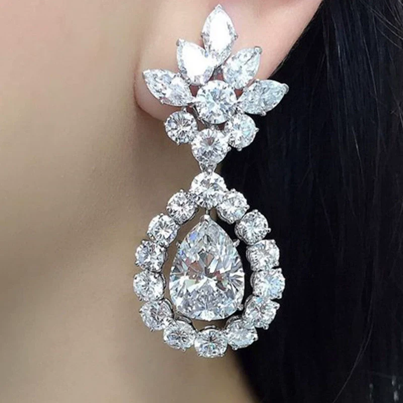 Wedding Accessories Copper Zircon Water Drop Earrings With Flower Design