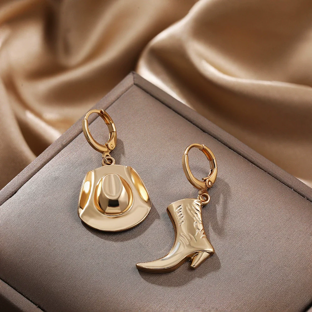 Western Denim Style Copper Geometric Earrings Goldplated - Image 4