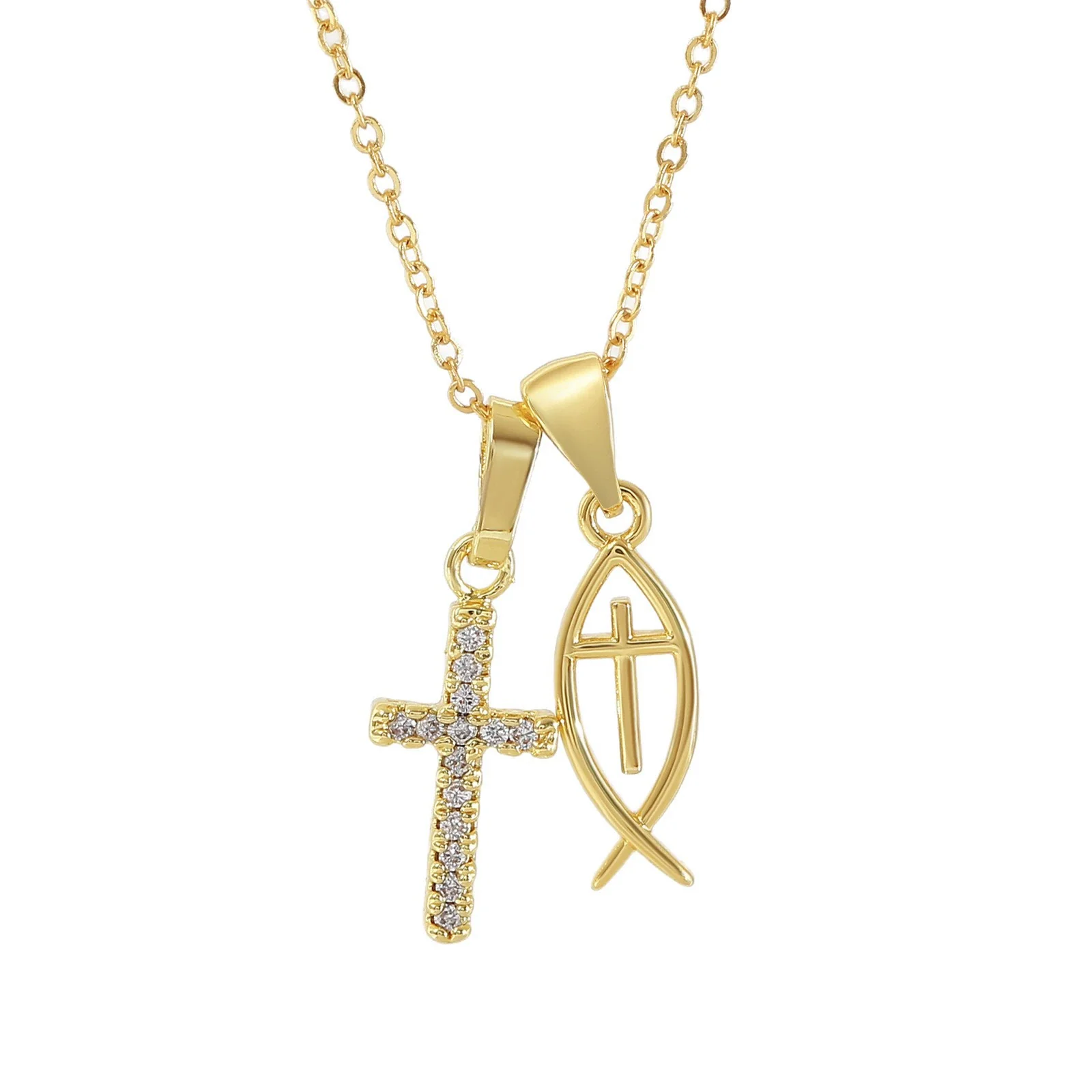 Wholesale 18K Gold Electroplated Cross Fish Pendant Necklace With Zircon Inlay For Women And Men Made Of Copper - Image 5