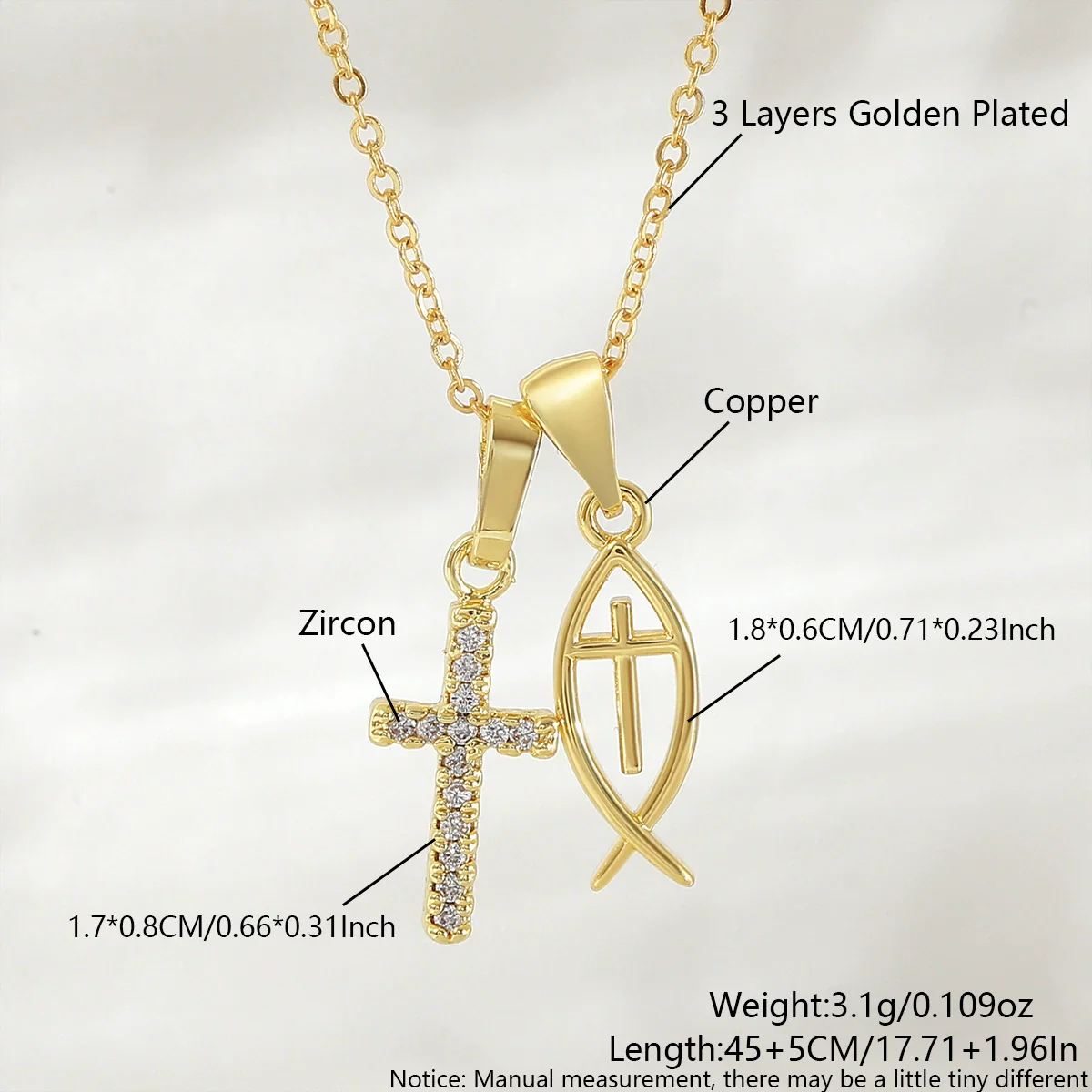 Wholesale 18K Gold Electroplated Cross Fish Pendant Necklace With Zircon Inlay For Women And Men Made Of Copper - Image 6