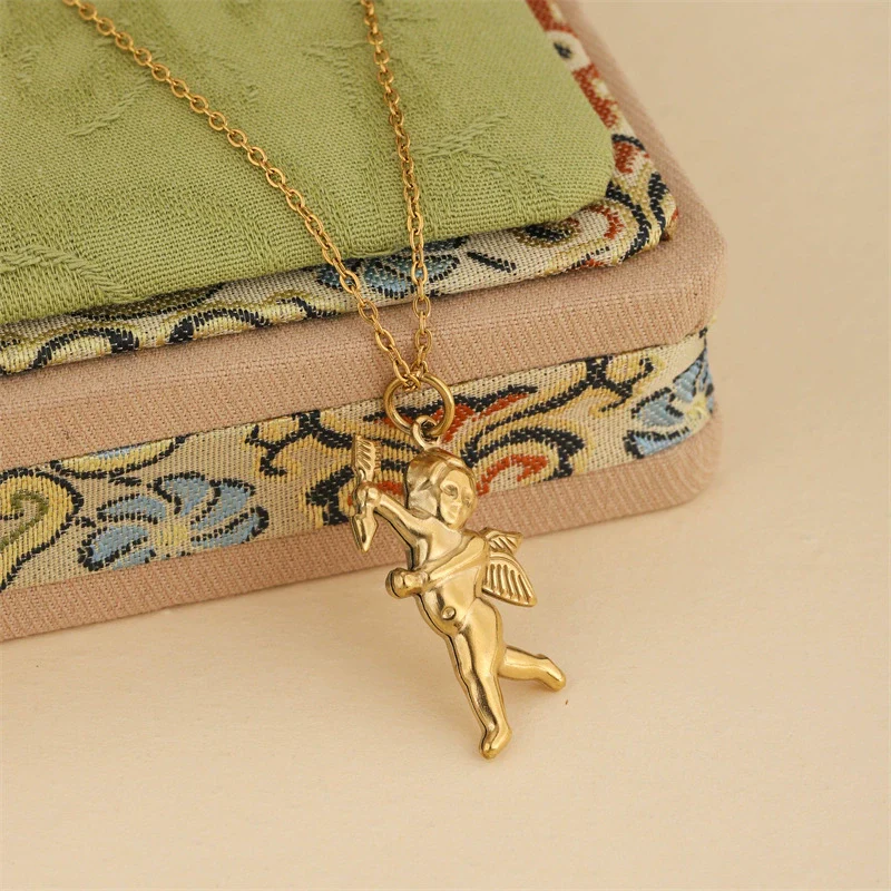 Wholesale 18K Gold Electroplated Stainless Steel Geometric Cupid Trinket Pendant Necklace For Women - Image 3