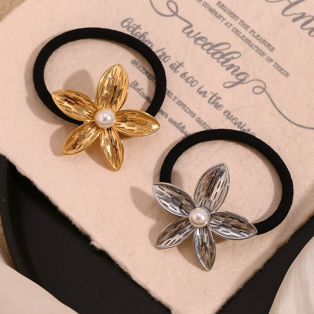 Wholesale 18K Gold Electroplated Stainless Steel Plumeria Imitation Pearl High Elasticity Hair Tie For Women - Image 3