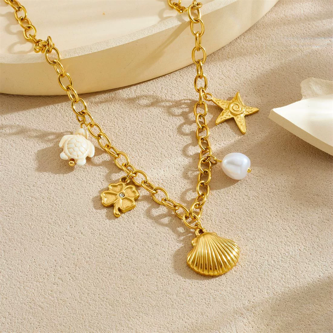 Wholesale 18K Gold Plated Animals Zodiac Shell Starfish Pendant Stainless Steel O Word Chain Necklace For Women - Image 2