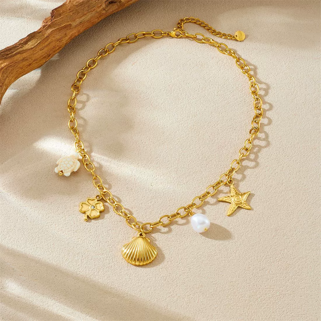 Wholesale 18K Gold Plated Animals Zodiac Shell Starfish Pendant Stainless Steel O Word Chain Necklace For Women - Image 3