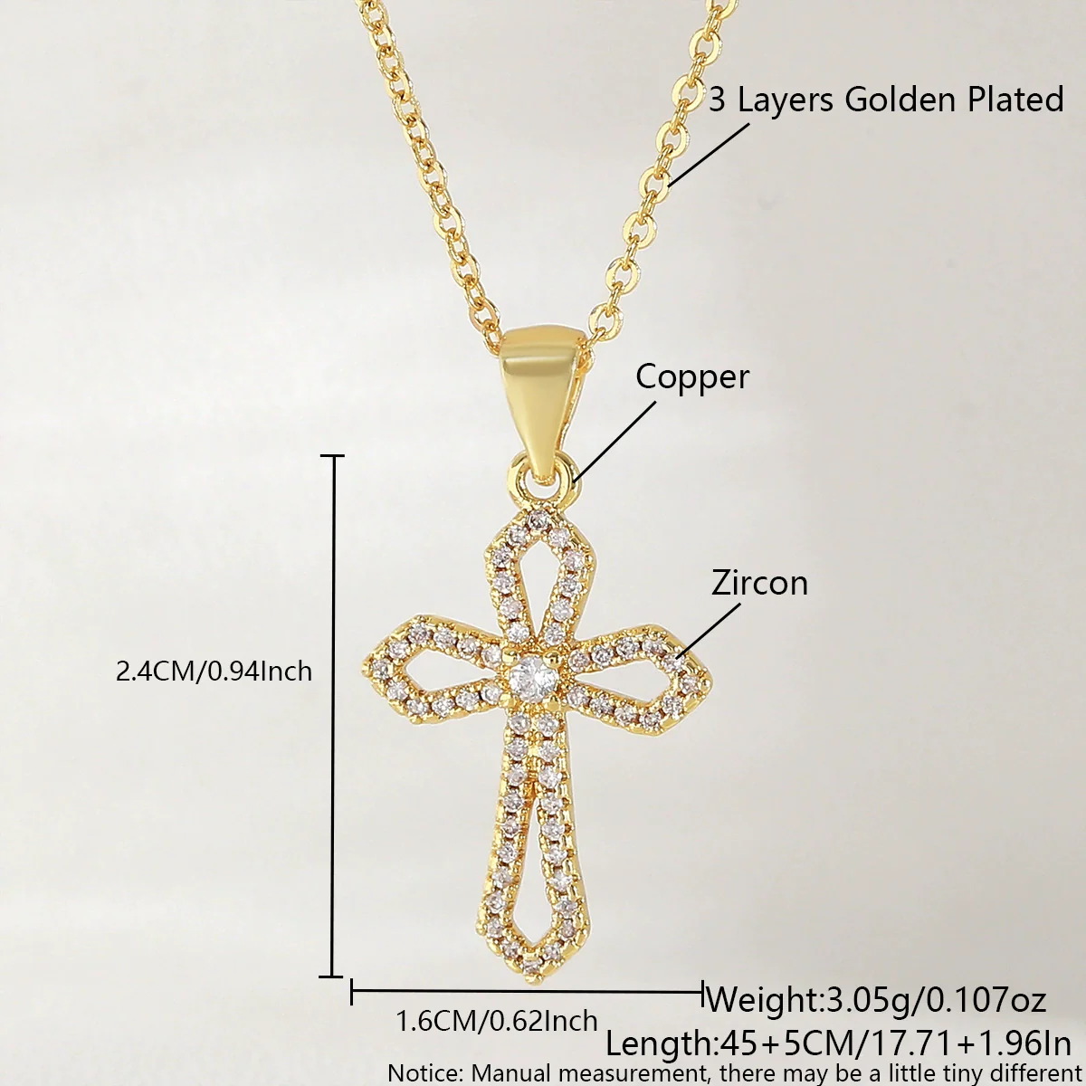 Wholesale 18K Gold Plated Copper Geometric Cross Zirconencrusted Pendant Necklace For Unisex - Image 6