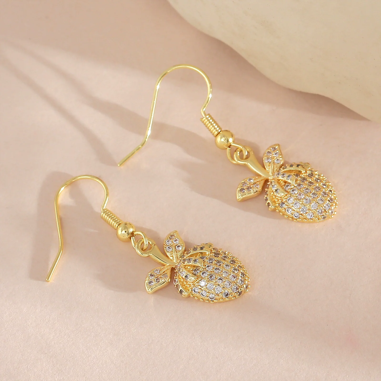 Wholesale 18K Gold Plated Copper Microinlaid Zircon Fruitshaped Threedimensional Drop Earrings For Women