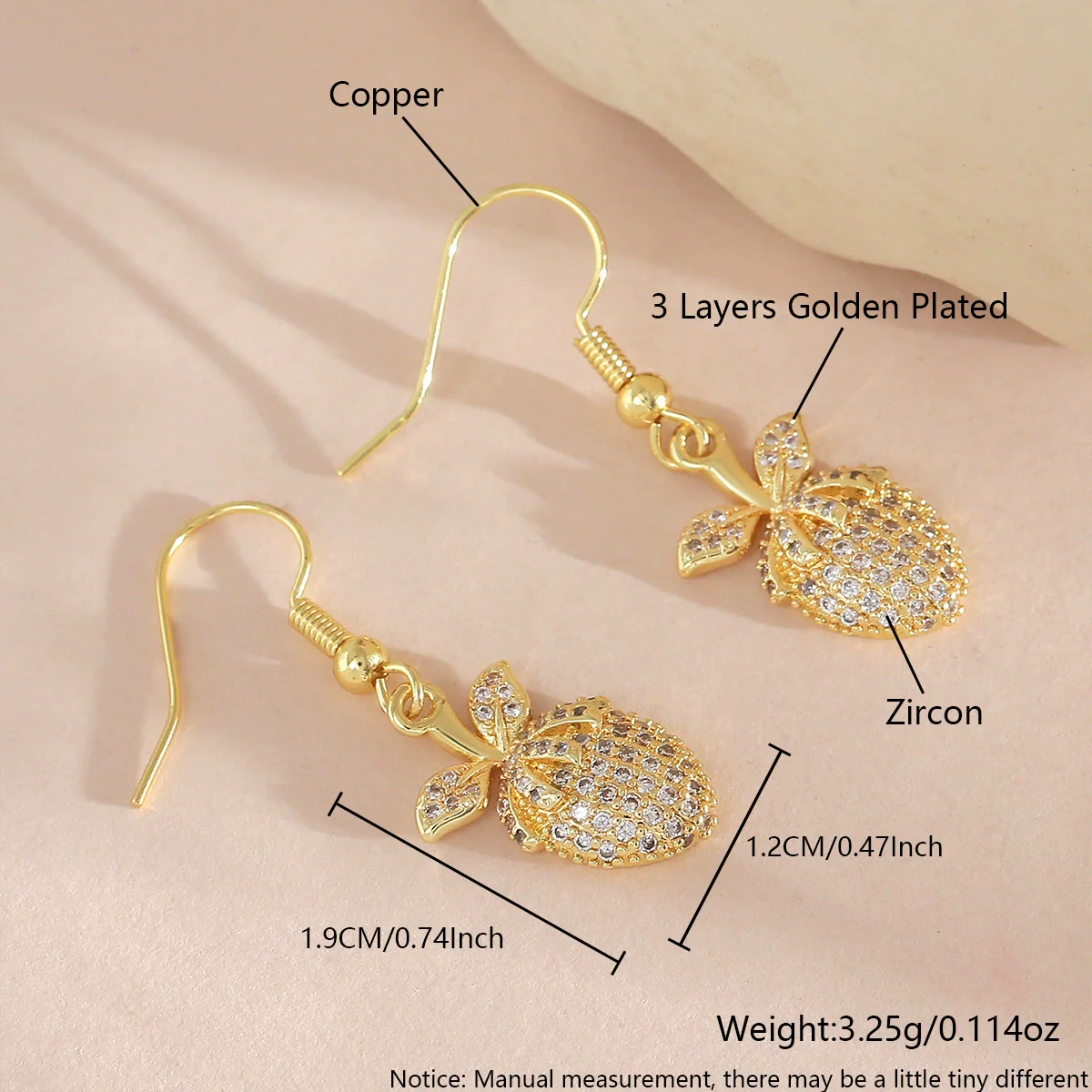 Wholesale 18K Gold Plated Copper Microinlaid Zircon Fruitshaped Threedimensional Drop Earrings For Women - Image 6