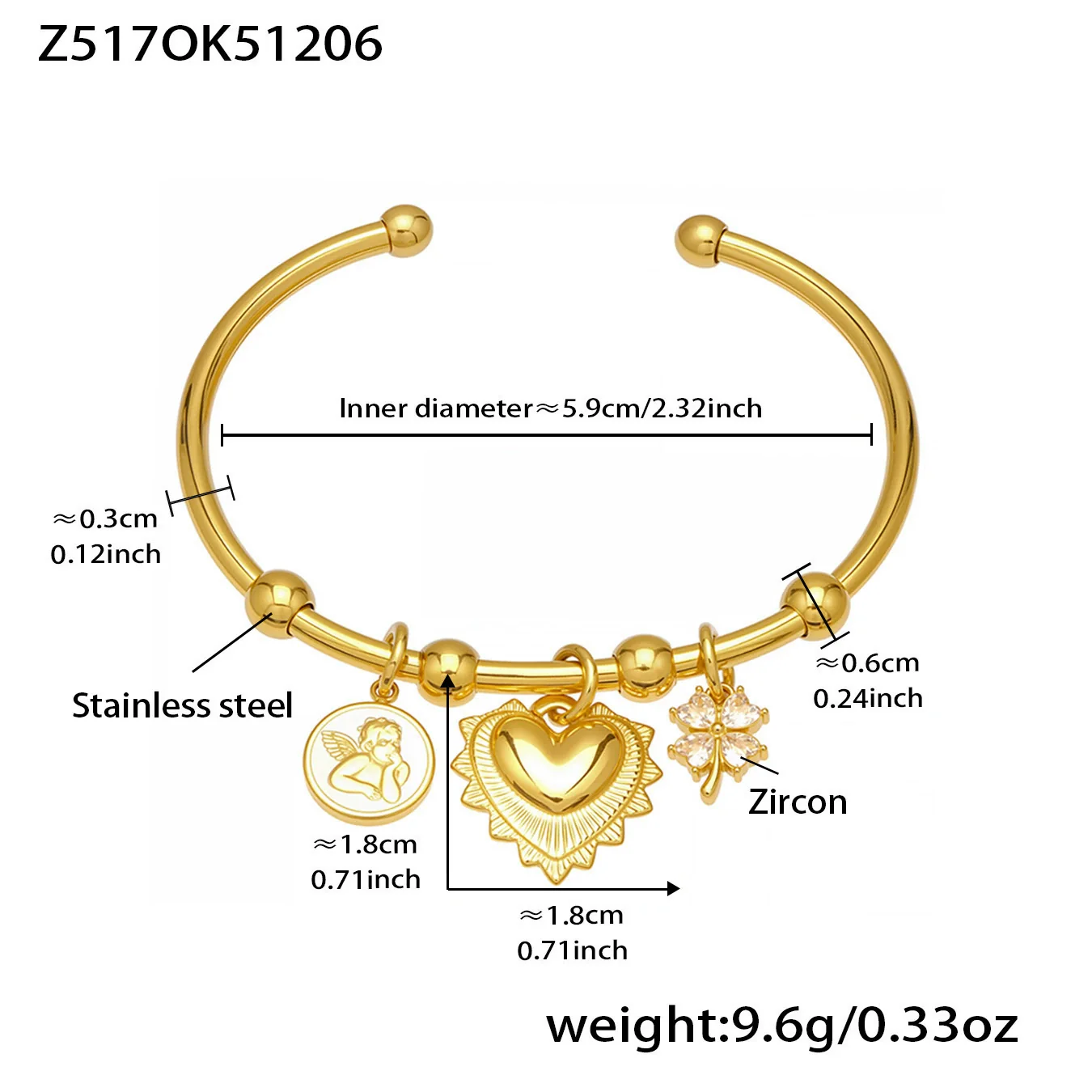 Wholesale 18K Gold Plated Stainless Steel Geometric Flower Heart Cshaped Beveled High Polish Glossy Pendant Bracelet Accessories - Image 8