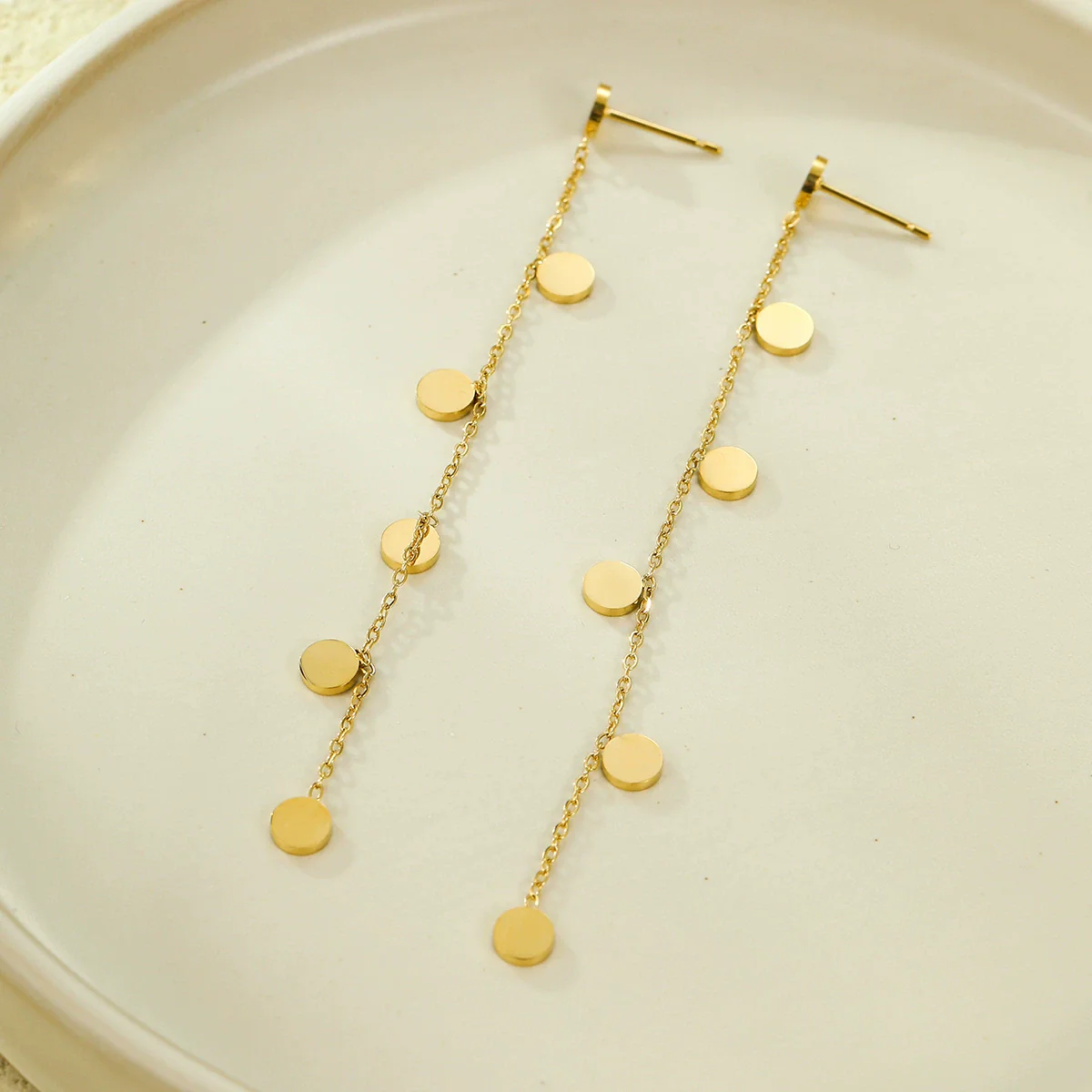 Wholesale 18K Gold Plated Stainless Steel Round Long Tassel Earrings For Women - Image 4