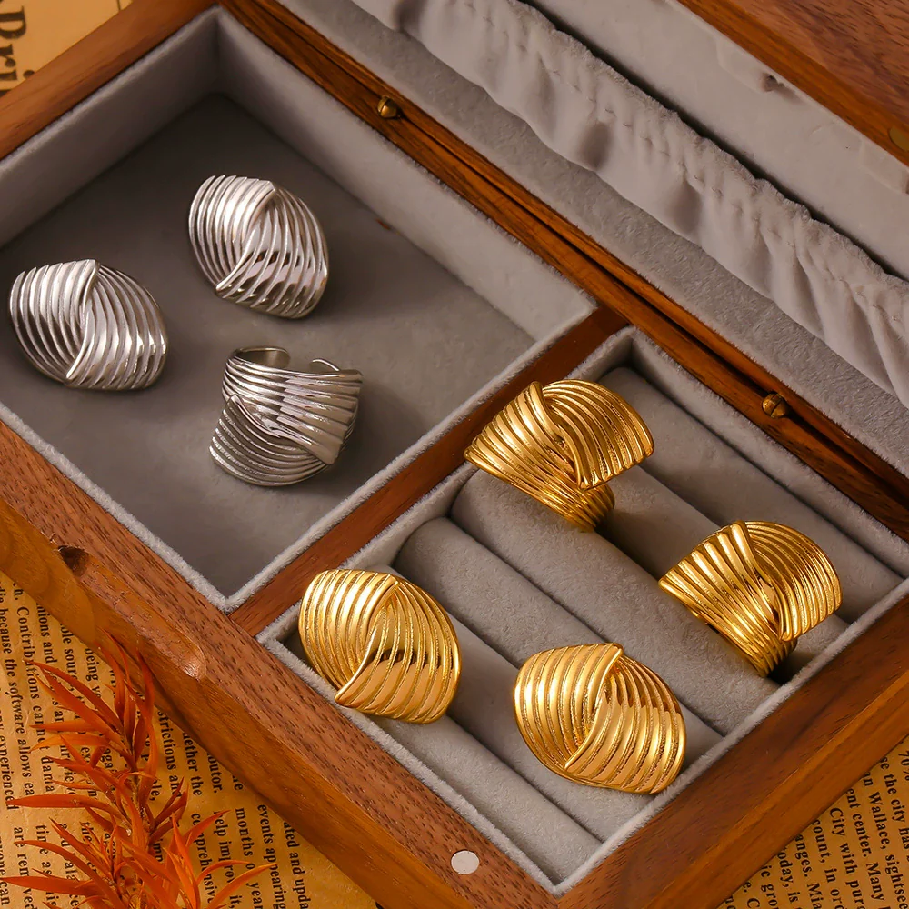 Wholesale 18K Gold Plated Titanium Steel Hand Polished Geometric Simple Design Earrings And Ring Set For Women - Image 2