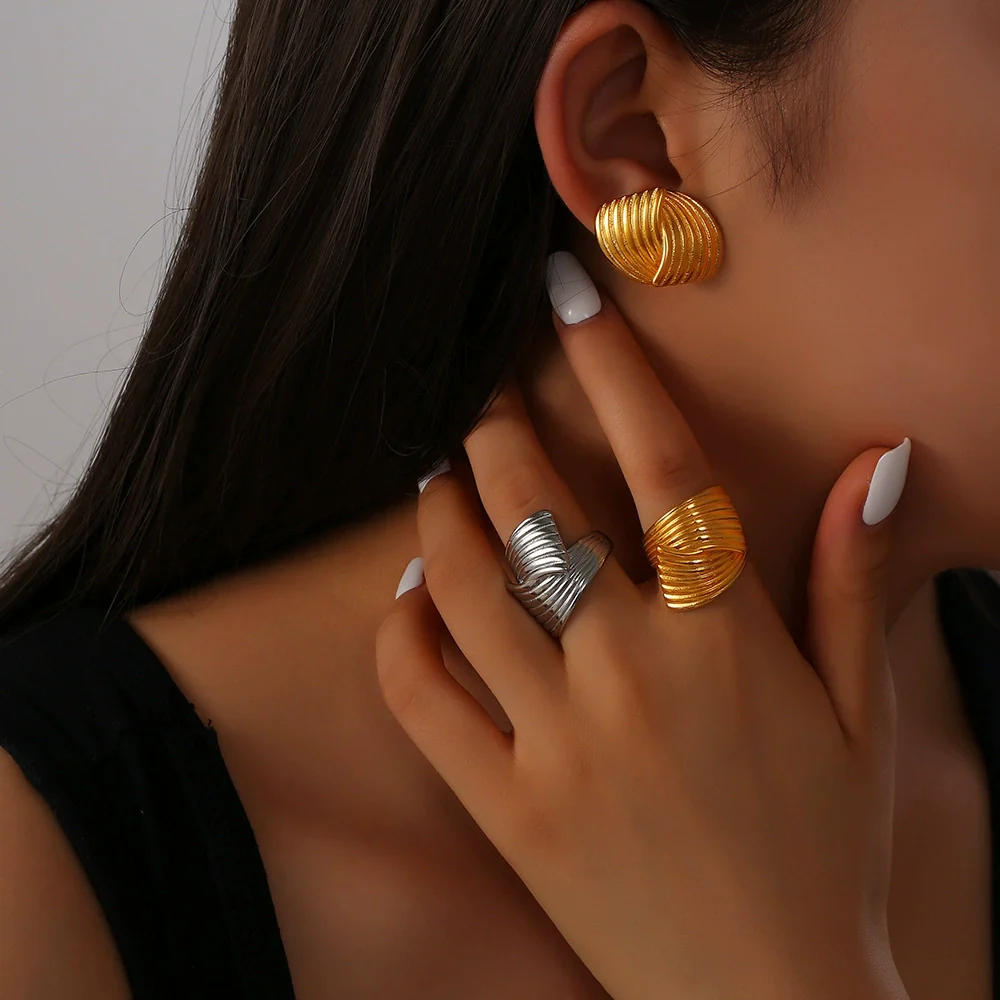 Wholesale 18K Gold Plated Titanium Steel Hand Polished Geometric Simple Design Earrings And Ring Set For Women - Image 3