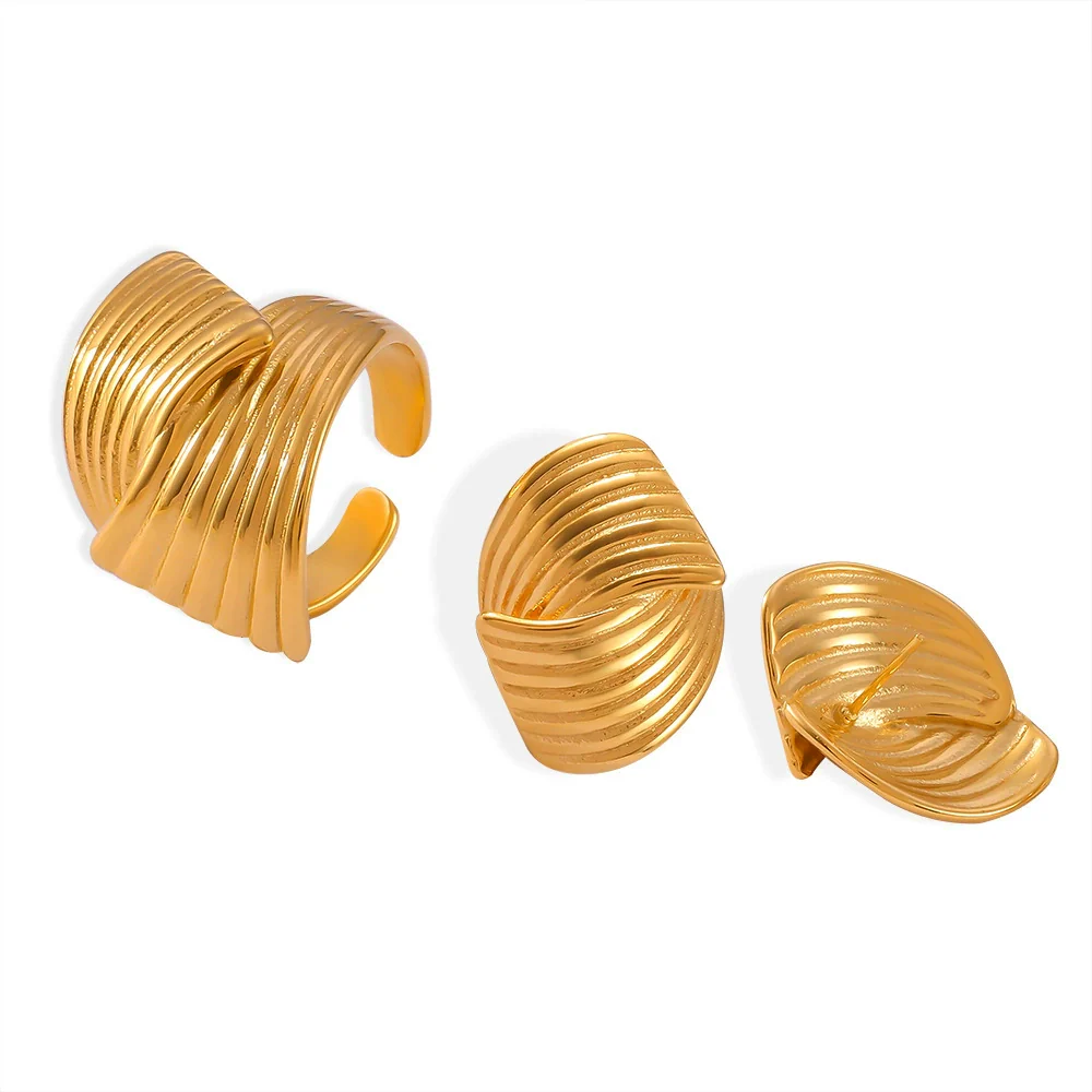 Wholesale 18K Gold Plated Titanium Steel Hand Polished Geometric Simple Design Earrings And Ring Set For Women - Image 5