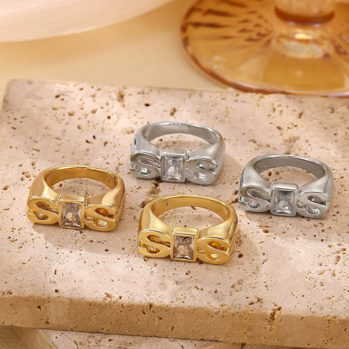 Wholesale 18K Goldplated Copper Zircon Threedimensional Stamp Sos Letter Ring Light Luxury Elegant Nonfading Unisex Jewelry - Image 3