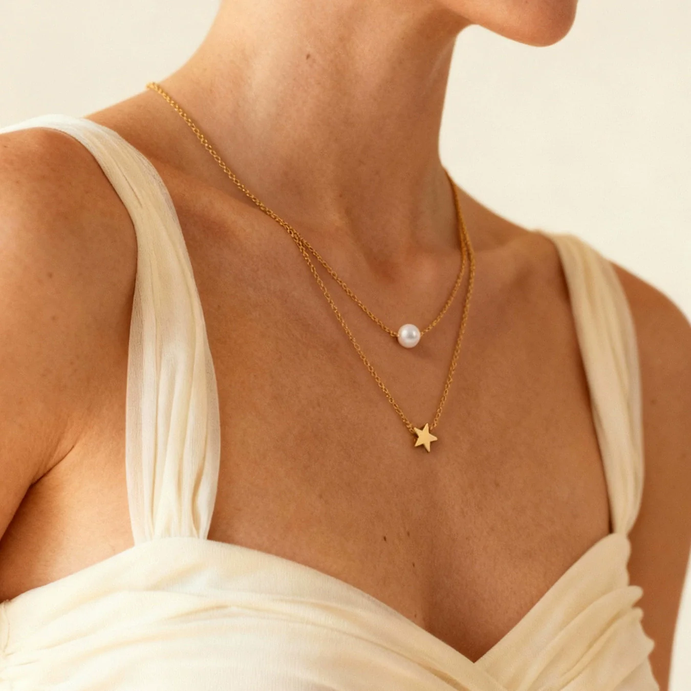 Wholesale 18K Goldplated Stainless Steel Geometric Star Shell Bead Design Doublelayer Necklace For Women - Image 3