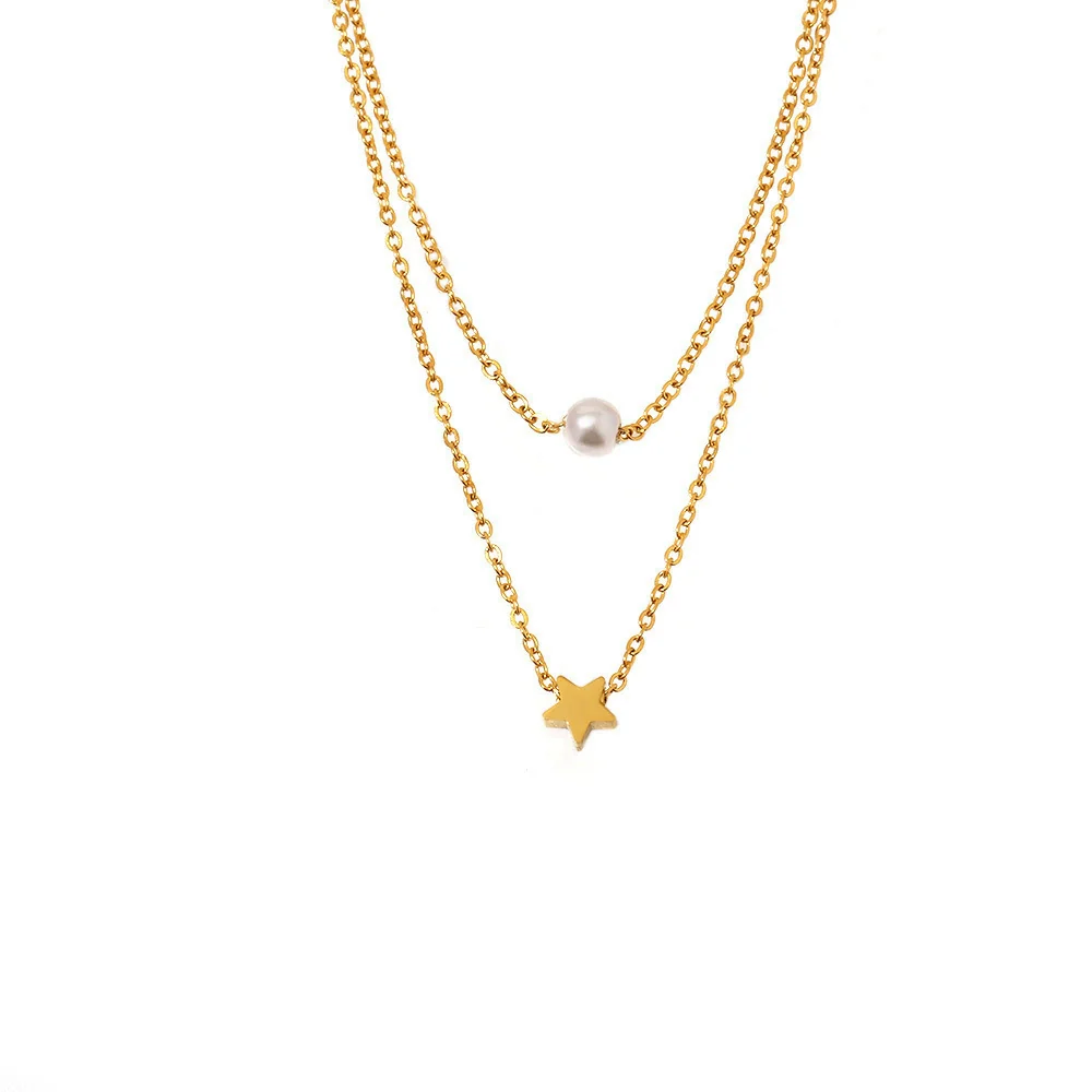Wholesale 18K Goldplated Stainless Steel Geometric Star Shell Bead Design Doublelayer Necklace For Women - Image 5