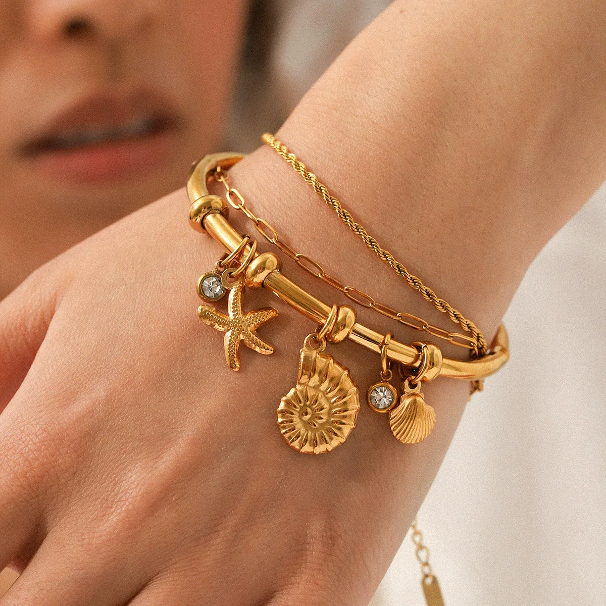 Wholesale 18K Goldplated Stainless Steel Starfish Conch Scallop Cross Electroplated Ocean Breeze Minimalist Ins Style Ring Bracelet Jewelry Accessories