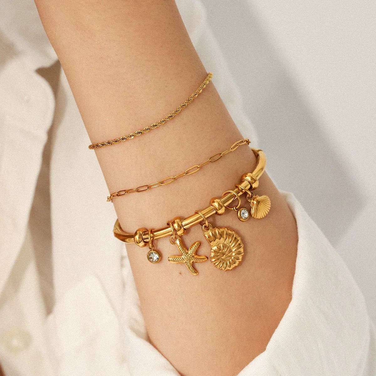 Wholesale 18K Goldplated Stainless Steel Starfish Conch Scallop Cross Electroplated Ocean Breeze Minimalist Ins Style Ring Bracelet Jewelry Accessories - Image 4