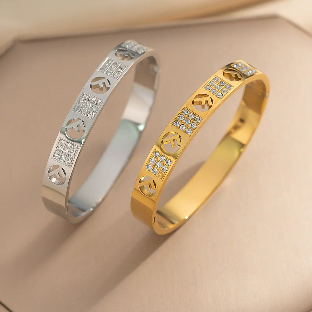 Wholesale 18K Real Gold Electroplated Zircon Letter Cut Out Buckle Titanium Steel Bracelet With Diamond Design For Women