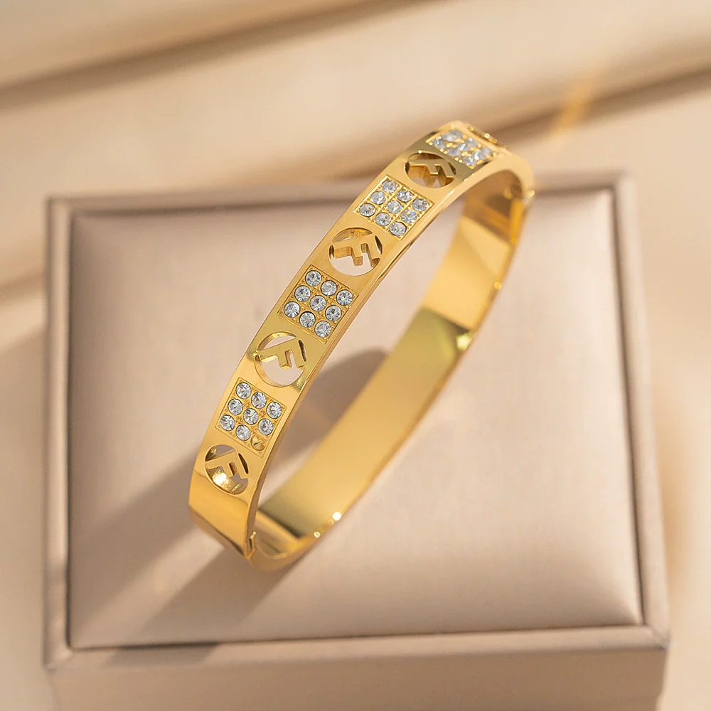 Wholesale 18K Real Gold Electroplated Zircon Letter Cut Out Buckle Titanium Steel Bracelet With Diamond Design For Women - Image 2