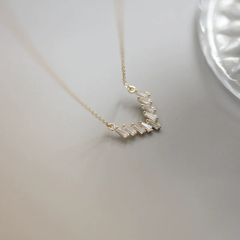 Wholesale 225 Silver Vshaped Women's Light Luxury Necklace With Small Skirt Pendant Inlaid With Square Zircon And Plated With 14K Gold And Chain With Letters Numbers Text Pattern - Image 4