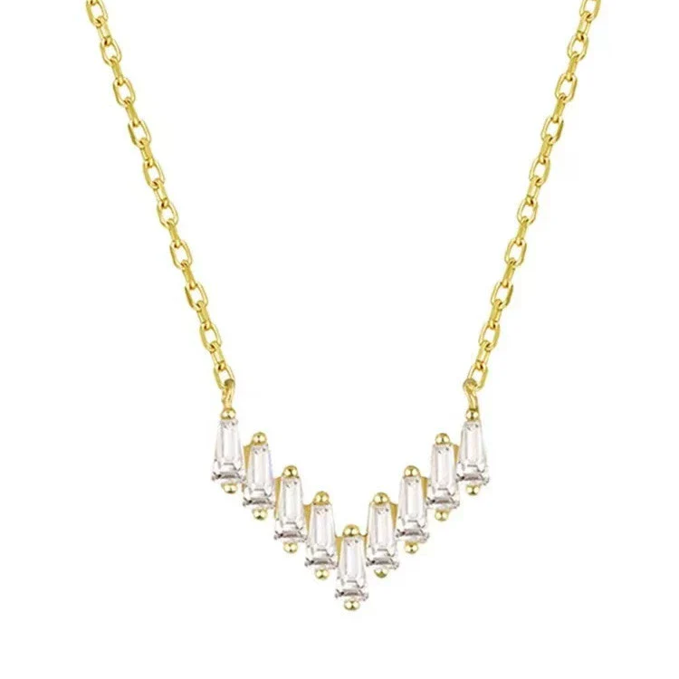 Wholesale 225 Silver Vshaped Women's Light Luxury Necklace With Small Skirt Pendant Inlaid With Square Zircon And Plated With 14K Gold And Chain With Letters Numbers Text Pattern - Image 5