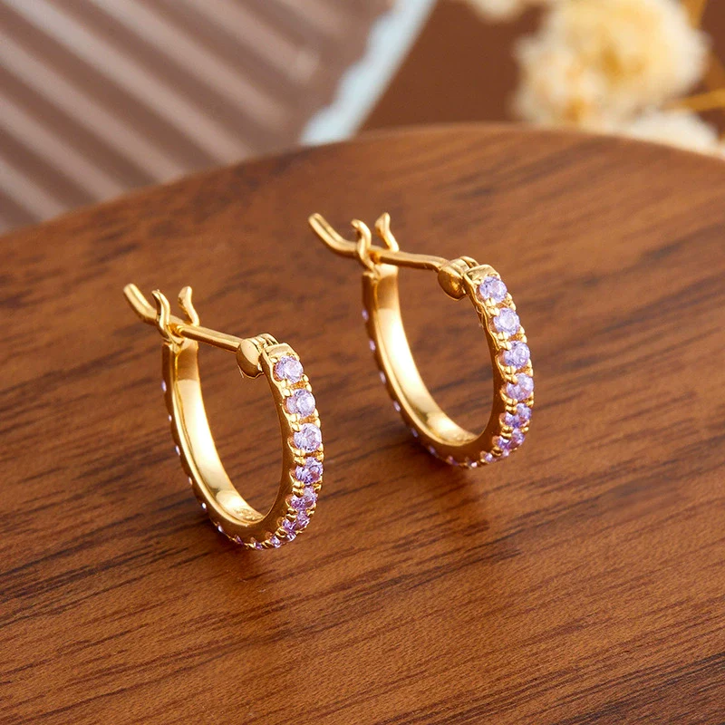 Wholesale 925 Silver 14K Gold Plated Light Purple Red Zirconium Row Drill Earrings For Women - Image 2