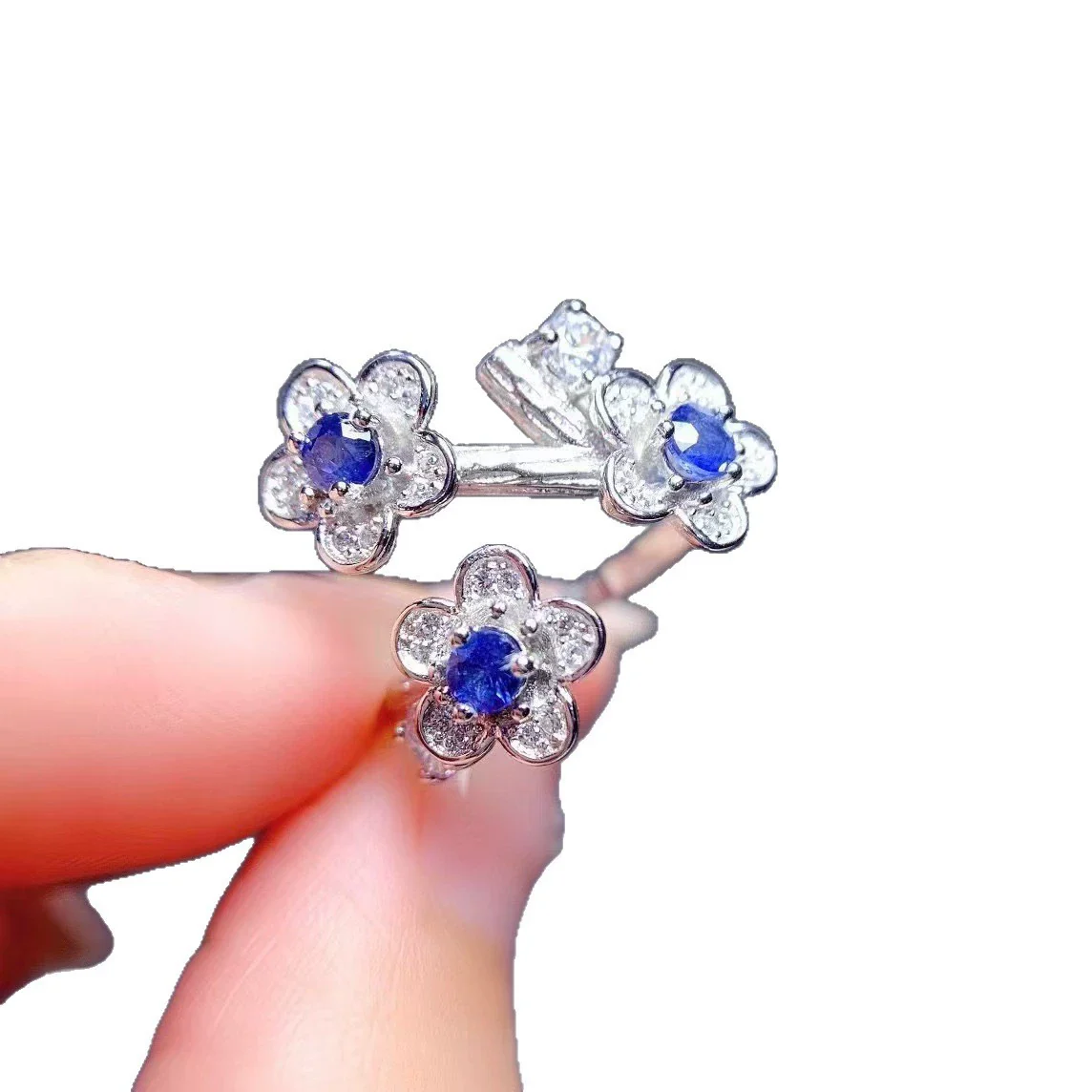 Wholesale 925 Silver Electroplated Fairy Style Flower Pattern Ring Inlaid With Natural Sapphire For Women - Image 5