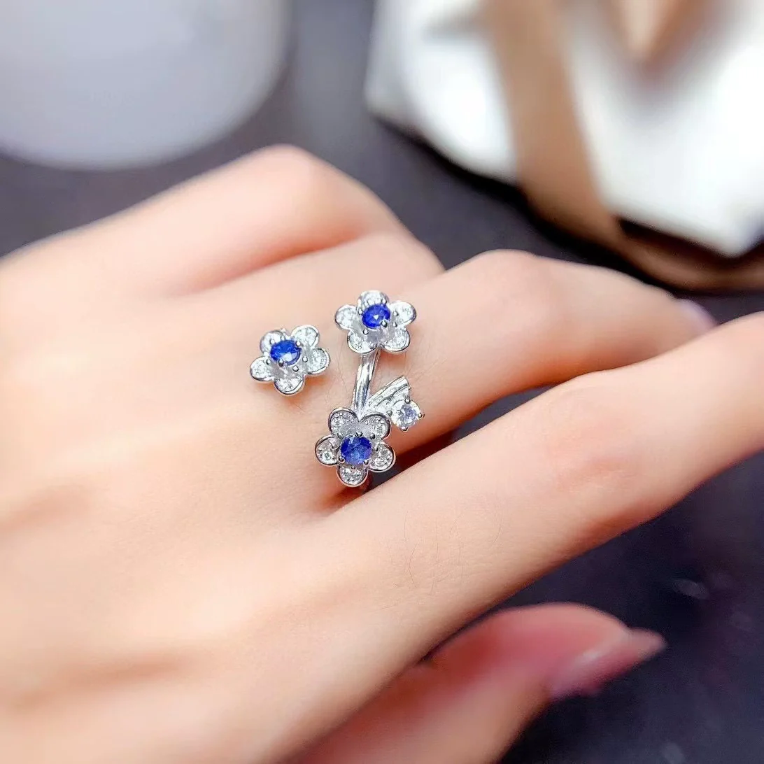 Wholesale 925 Silver Electroplated Fairy Style Flower Pattern Ring Inlaid With Natural Sapphire For Women - Image 6