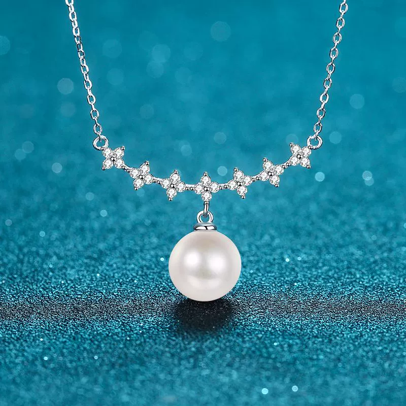 Wholesale 925 Sterling Silver Clavicle Chain With Clover Style Freshwater Pearl And Moissanite Pendant Geometric Pattern Electroplated - Image 6