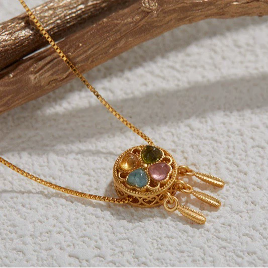 Wholesale 925 Sterling Silver Dream Catcher Necklace With Natural Tourmaline Inlaid Ancient Gold Craft Retro Elegant For Women Geometric Style - Image 3