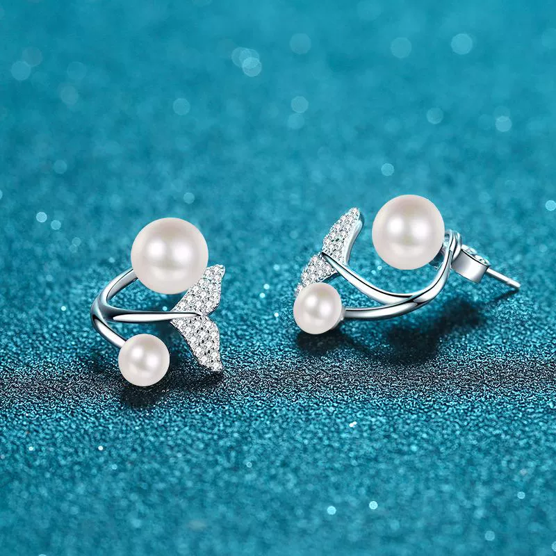 Wholesale 925 Sterling Silver Female Earrings With Human Fish Tail Design Fresh Water Pearl Moissanite Animal Pattern Electroplated - Image 4