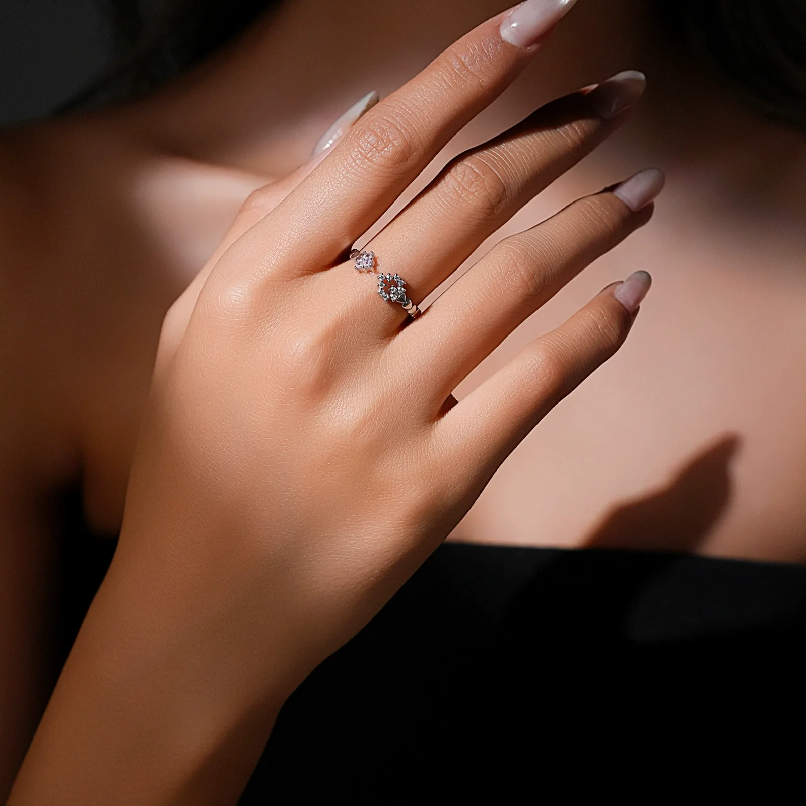 Wholesale 925 Sterling Silver Heart Shaped Open Adjustable Ring With Platinum And 18K Gold Electroplating For Women - Image 4
