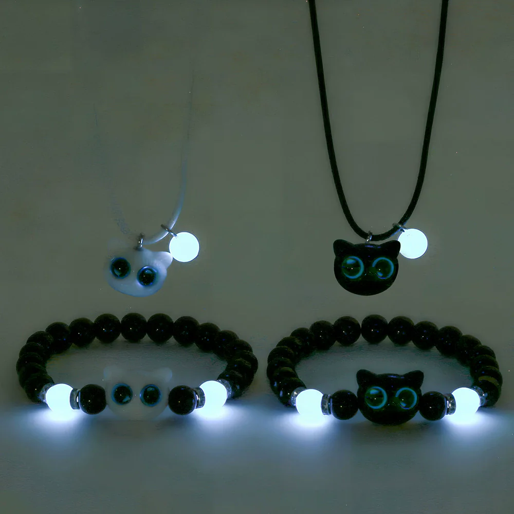 Wholesale Acrylic Beads Leather Rope Handmade Geometric Cute Kitten Luminous Couple Necklace And Bracelet Accessories