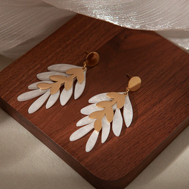 Wholesale Acrylic Stainless Steel Leaf Tassel Earrings 18K Goldplated Antifading - Image 2
