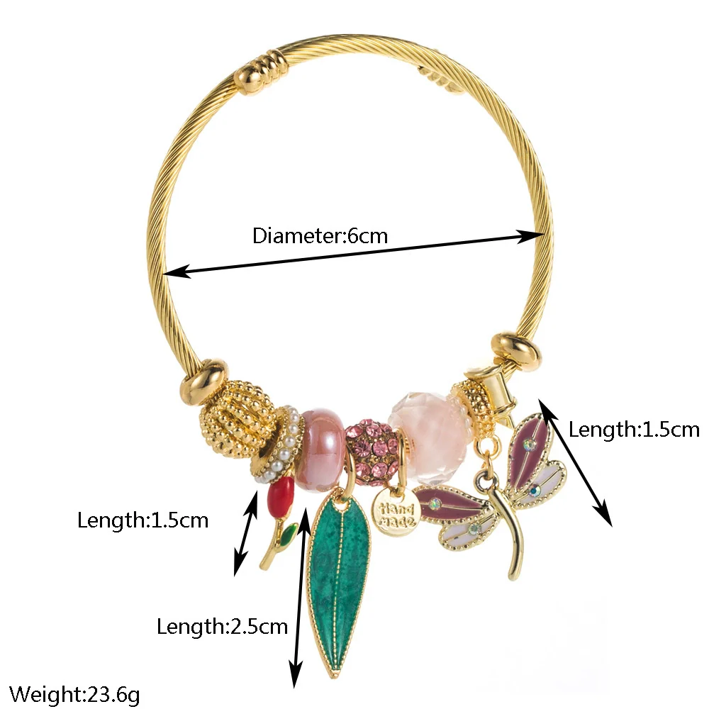 Wholesale Adjustable Couple Beaded Bracelet With Butterfly And Leaf Pendants Stainless Steel And Alloy Fashion Minimalist Set With Diamonds Women's - Image 2