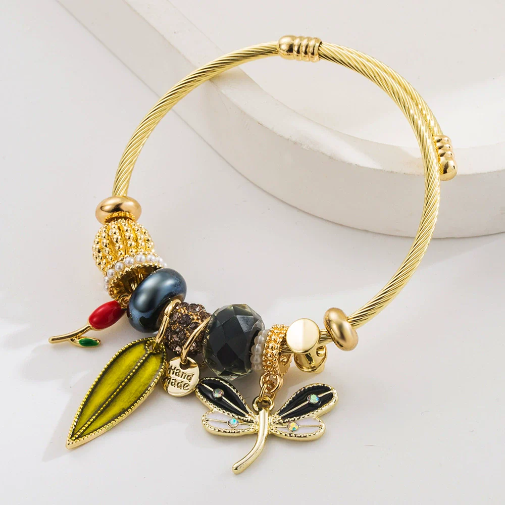 Wholesale Adjustable Couple Beaded Bracelet With Butterfly And Leaf Pendants Stainless Steel And Alloy Fashion Minimalist Set With Diamonds Women's - Image 3