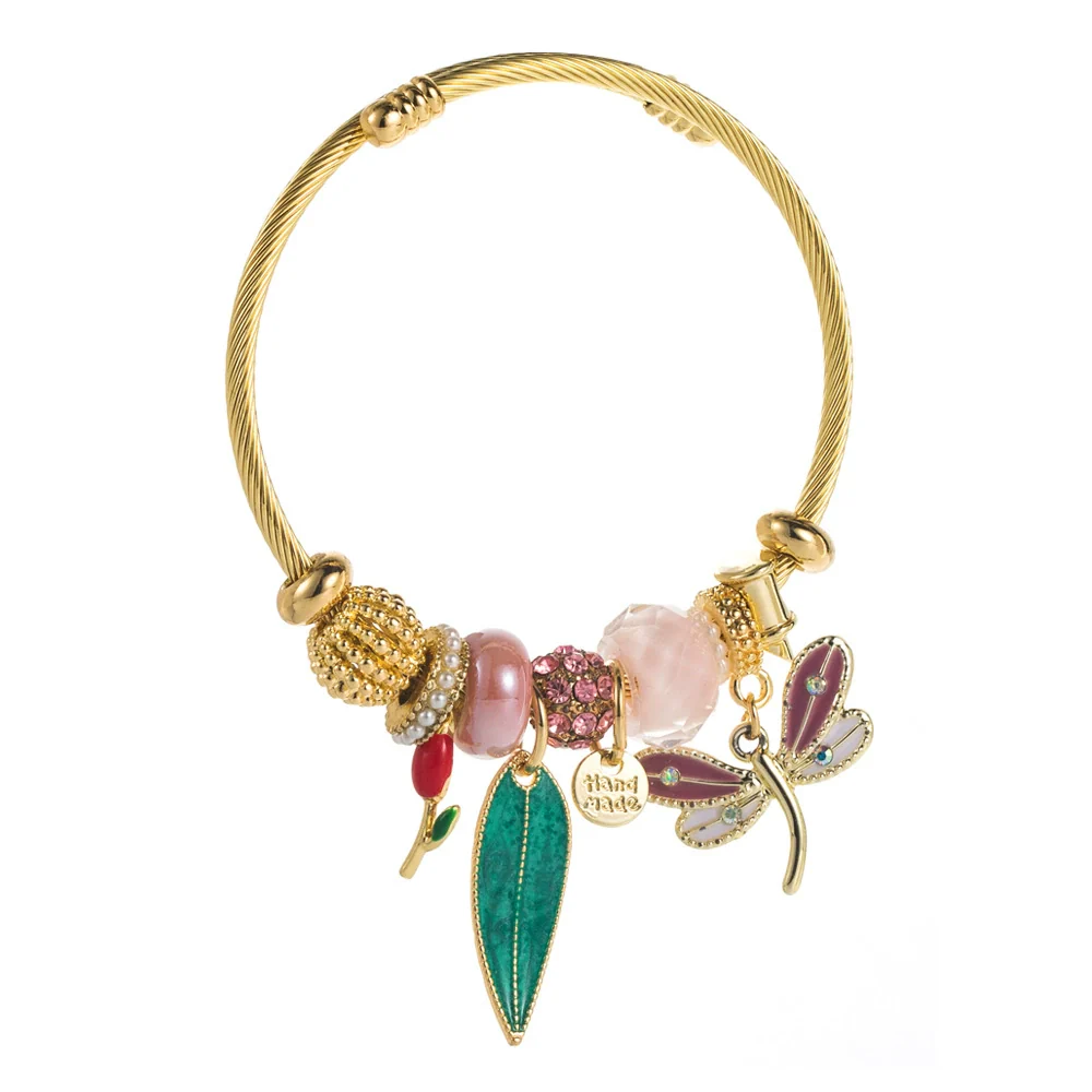 Wholesale Adjustable Couple Beaded Bracelet With Butterfly And Leaf Pendants Stainless Steel And Alloy Fashion Minimalist Set With Diamonds Women's - Image 5