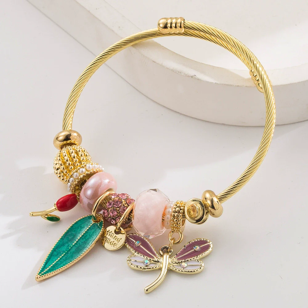 Wholesale Adjustable Couple Beaded Bracelet With Butterfly And Leaf Pendants Stainless Steel And Alloy Fashion Minimalist Set With Diamonds Women's - Image 6