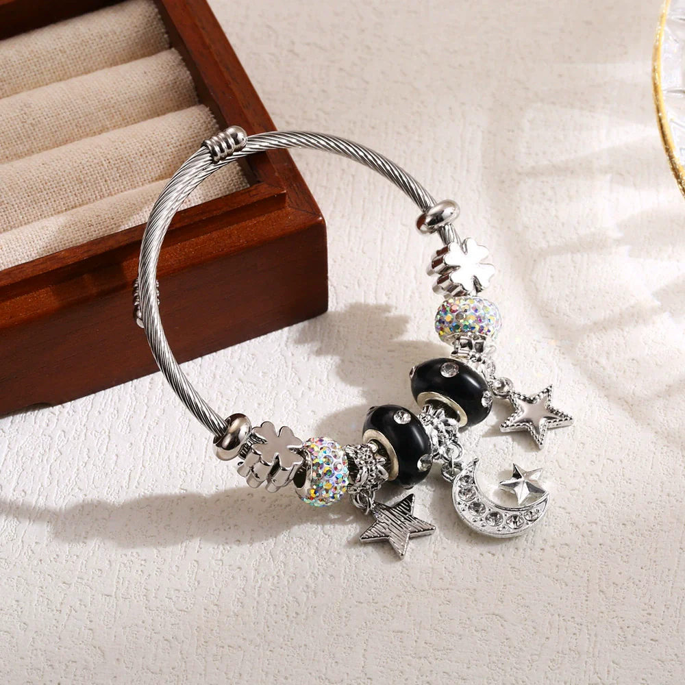 Wholesale Adjustable Couple Beaded Star Moon Pendant Bracelet In Stainless Steel And Alloy Set With Diamonds For Women - Image 6