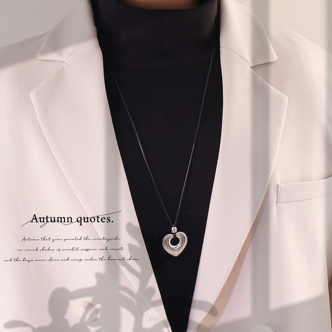 Wholesale Adjustable Sweater Chain Necklace With Geometric And Heart Shape Alloy Pendant And Black Braided Rope
