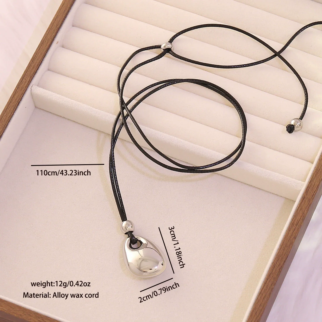 Wholesale Adjustable Sweater Chain Necklace With Geometric And Heart Shape Alloy Pendant And Black Braided Rope - Image 6