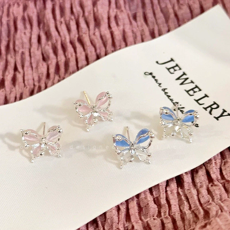 Wholesale Alloy 925 Silver Needle Insects Animals Style Pink Butterfly Cat's Eye Stone Electroplated Women's Earrings - Image 3
