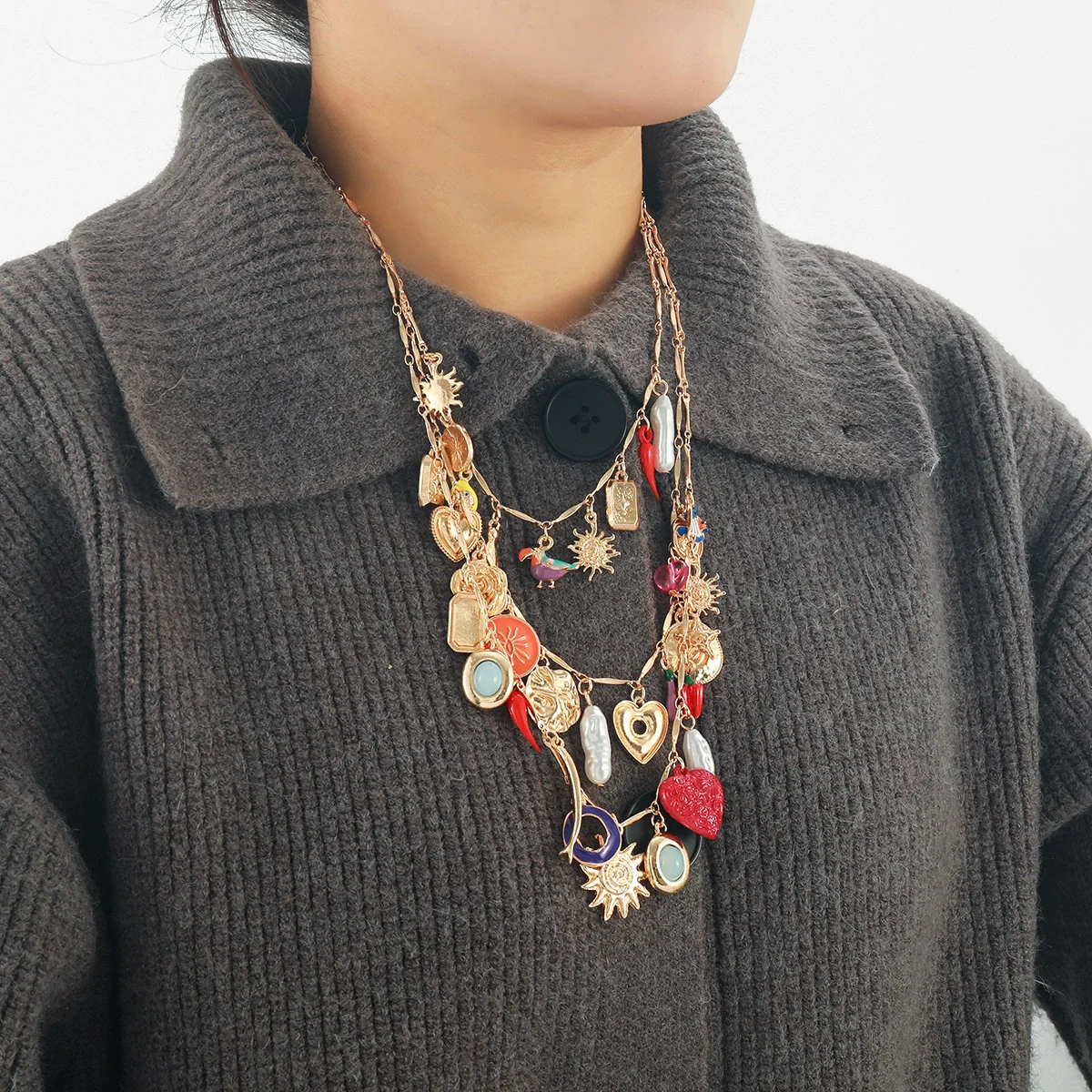 Wholesale Alloy Bamboo Chain Women's Fashion Geometric Star Multilayer Necklace With Electroplating Love Bird Charm