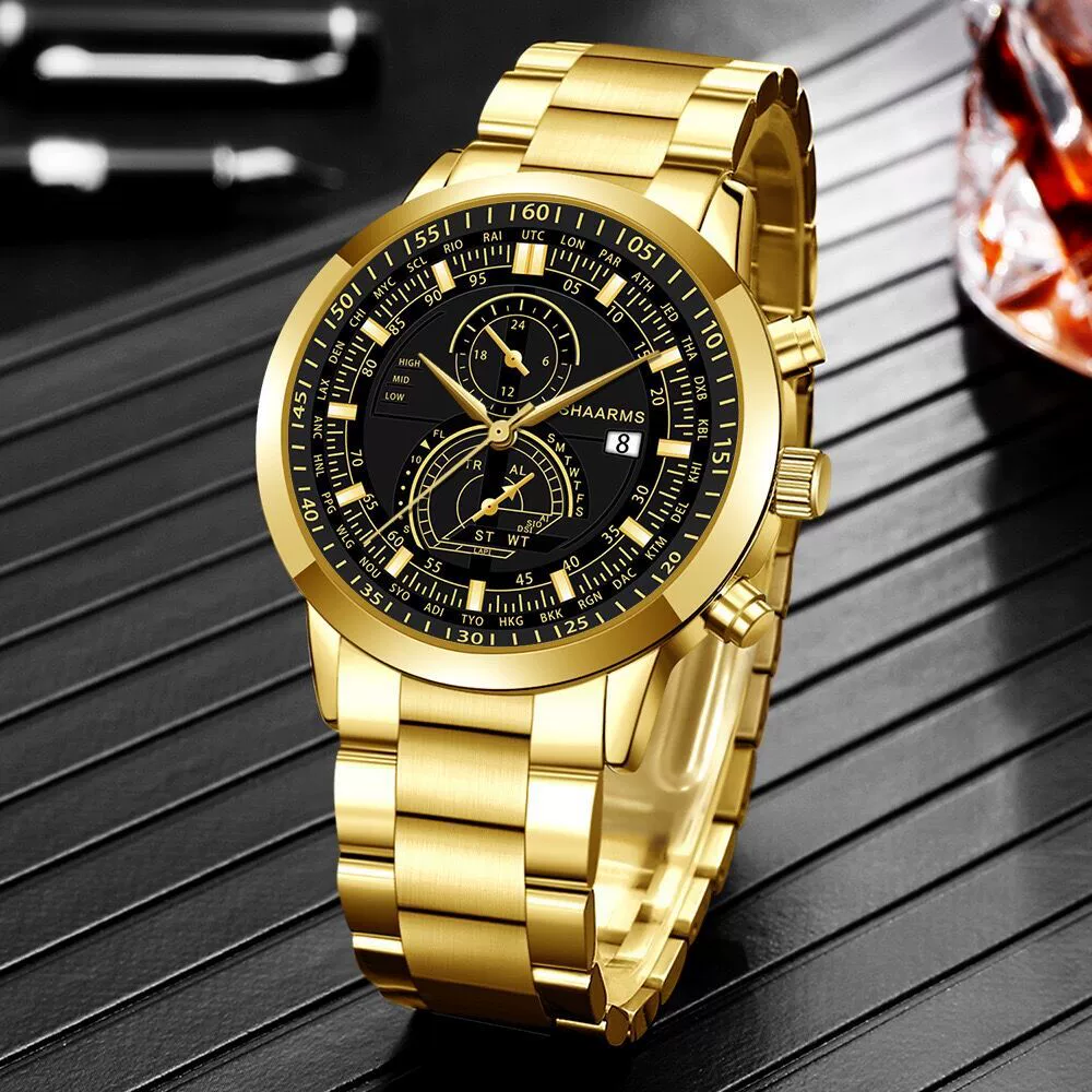 Wholesale Alloy Band Men's Round Dial Quartz Watch With Fake Two Eyes Calendar And Horseshoe Buckle Leisure Style