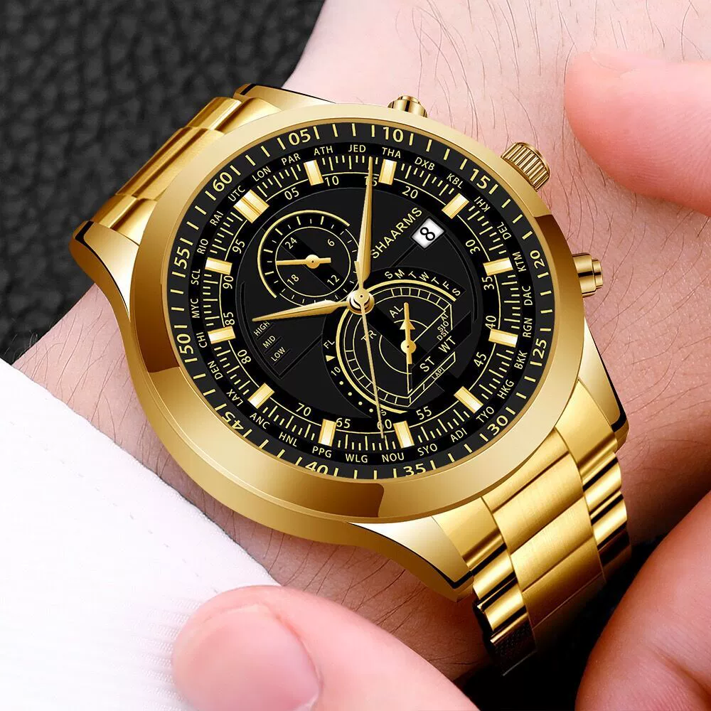 Wholesale Alloy Band Men's Round Dial Quartz Watch With Fake Two Eyes Calendar And Horseshoe Buckle Leisure Style - Image 2