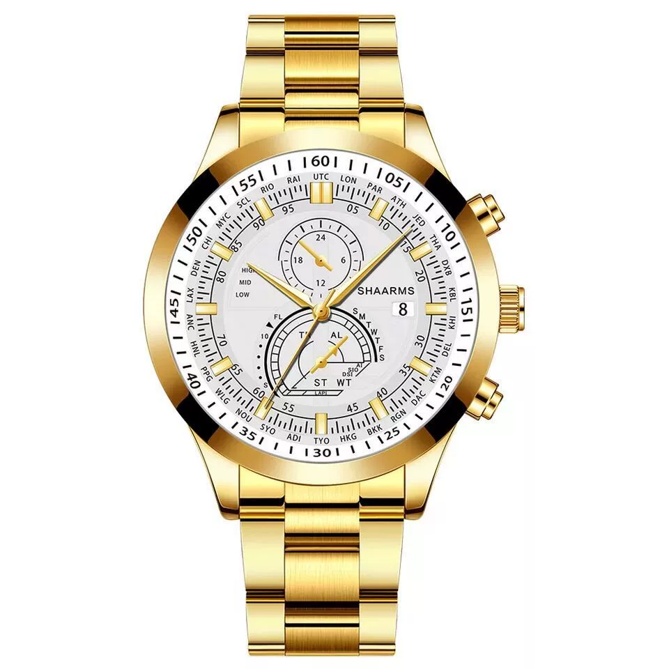 Wholesale Alloy Band Men's Round Dial Quartz Watch With Fake Two Eyes Calendar And Horseshoe Buckle Leisure Style - Image 7